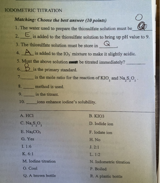 Solved IODOMETRIC TITRATION P Matching Choose the best