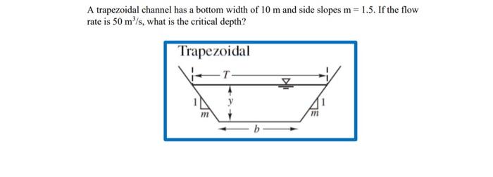 Solved A trapezoidal channel has a bottom width of 10 m and | Chegg.com