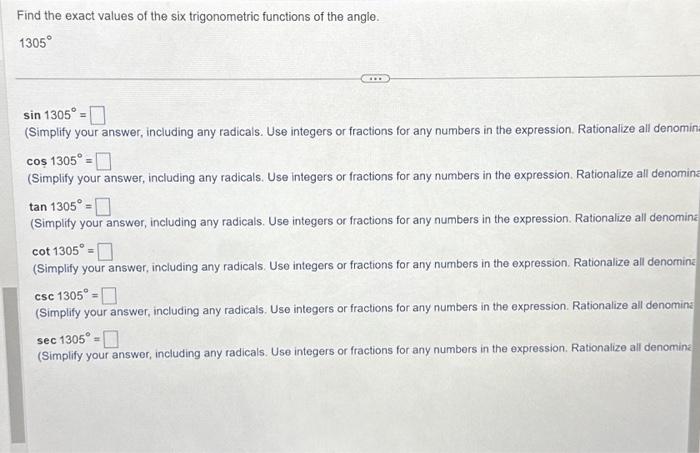 Solved Find the exact values of the six trigonometric | Chegg.com