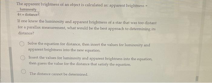 Solved The apparent brightness of an object is calculated | Chegg.com