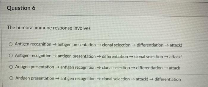 Solved Question 6 The humoral immune response involves | Chegg.com