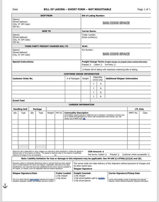 Date BILL OF LADING - SHORT FORM - NOT NEGOTIABLE | Chegg.com