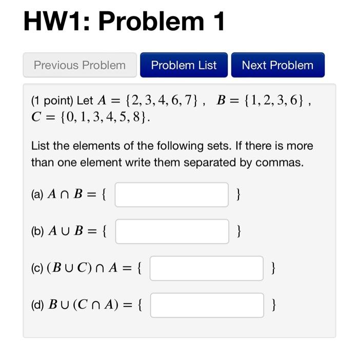 Solved (1 Point) Let A={2,3,4,6,7},B={1,2,3,6}, | Chegg.com