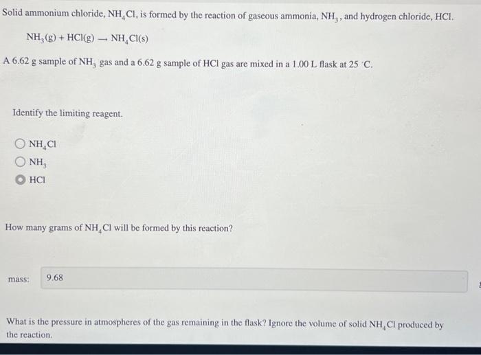 Solved Solid Ammonium Chloride Nh4cl Is Formed By The 3998