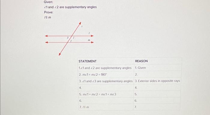 given 1 and 2 are supplementary angles prove lm