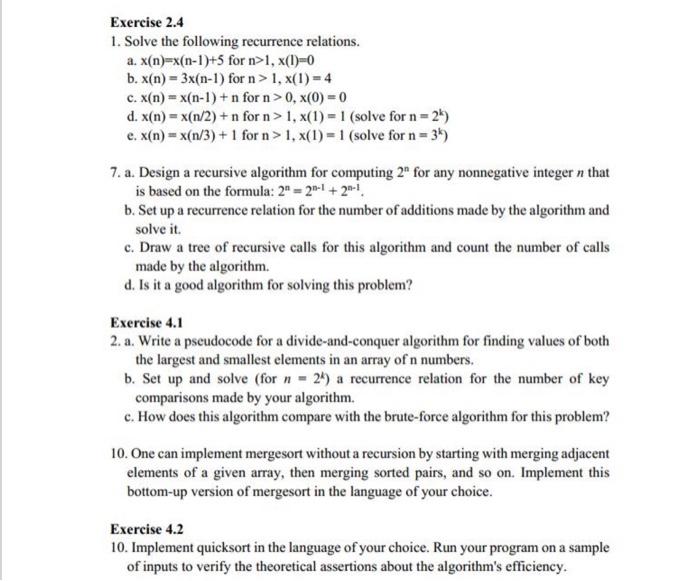 Solved Exercise 2.4 1. Solve the following recurrence | Chegg.com
