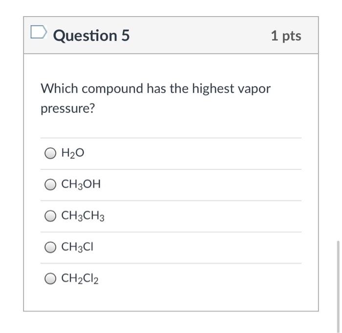 Solved Question 5 1 pts Which compound has the highest vapor