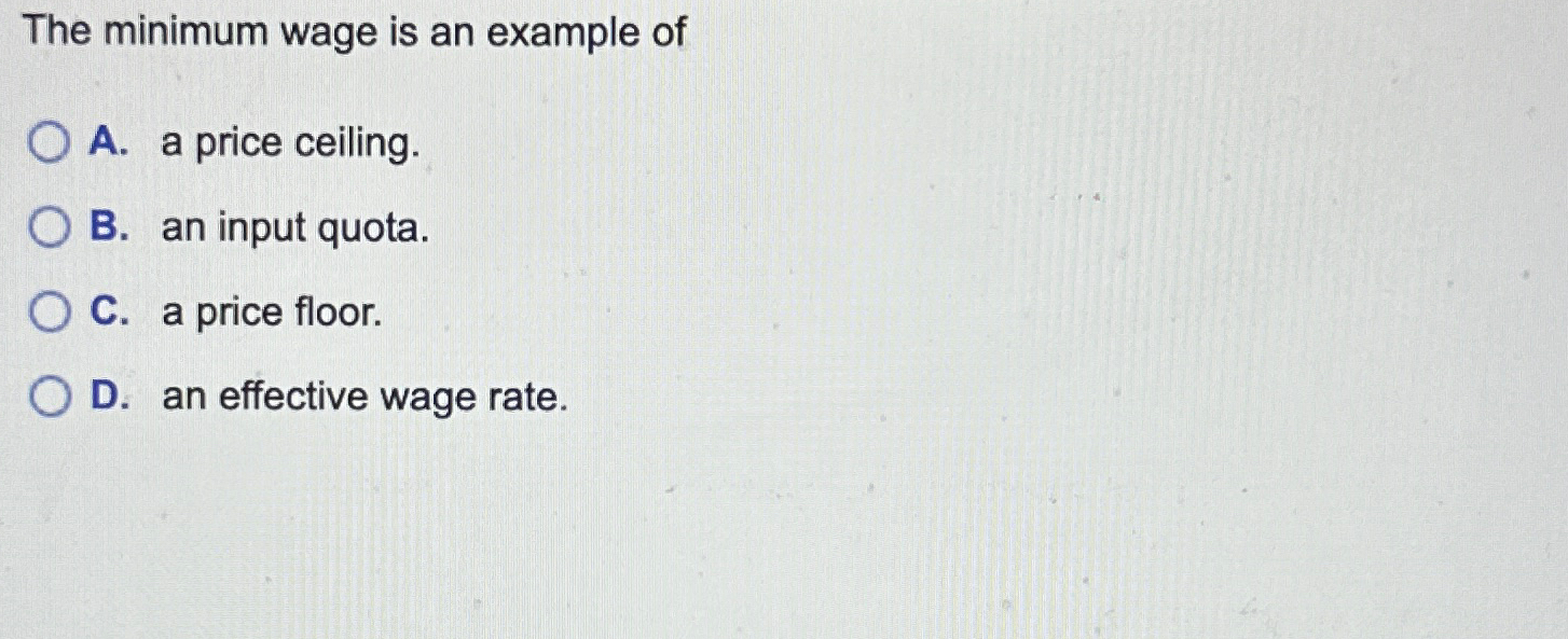 Solved The minimum wage is an example ofA. ﻿a price | Chegg.com