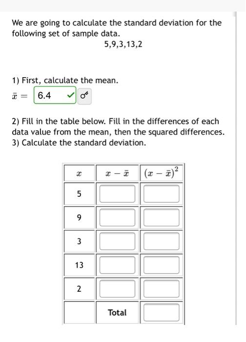 Solved We are going to calculate the standard deviation for | Chegg.com