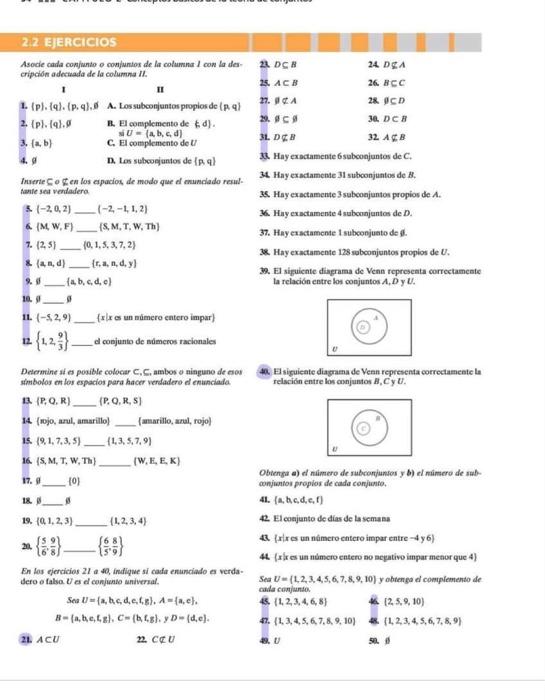 Asocie canda conjundo o conjunios de la columna \( I \) con la descripcion adecwala de la columna 11 . 11. \( (-5,2,9) \) \{x