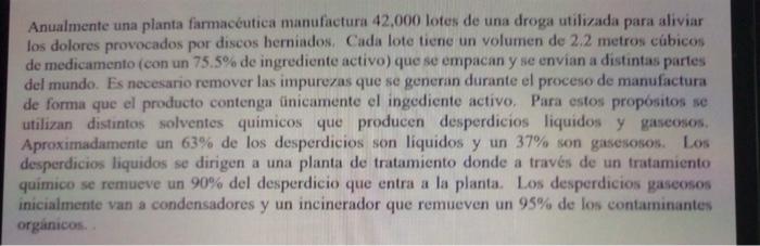 Anualmente una planta farmacéutica manufactura 42,000 lotes de una droga utilizada para aliviar los dolores provocados por di