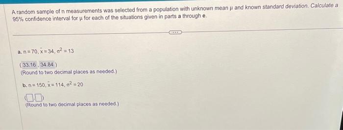 Solved A random sample of n measurements was selected from a | Chegg.com