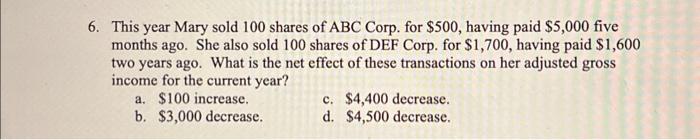 Solved 6. This Year Mary Sold 100 Shares Of ABC Corp. For | Chegg.com