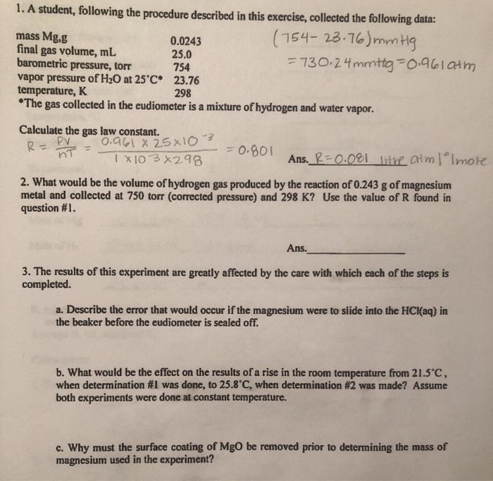 Solved 1. A student, following the procedure described in | Chegg.com