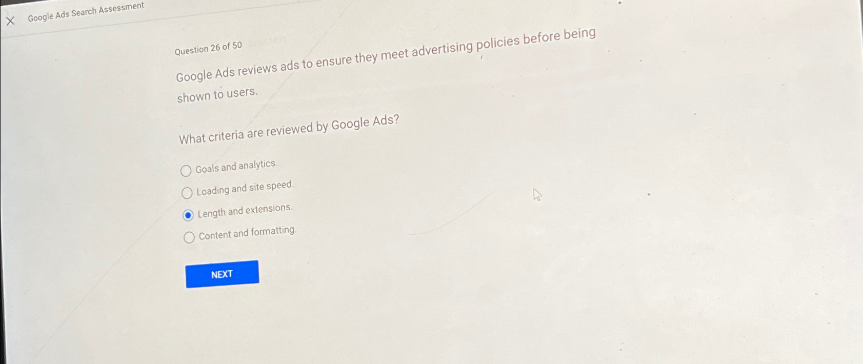 Solved Google Ads Search AssessmentQuestion 26 ﻿of 50Google