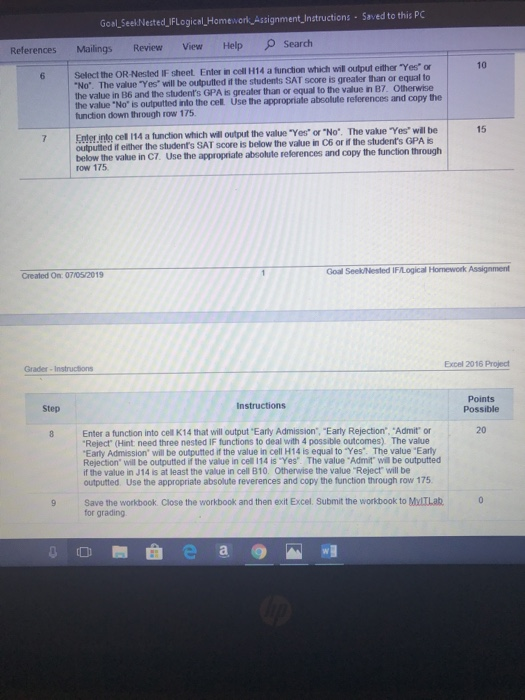 Goal Seel Nested_IFLogical_Homework Assignment Instructions - Saved to this PC References Mailings Review View Help Search Se