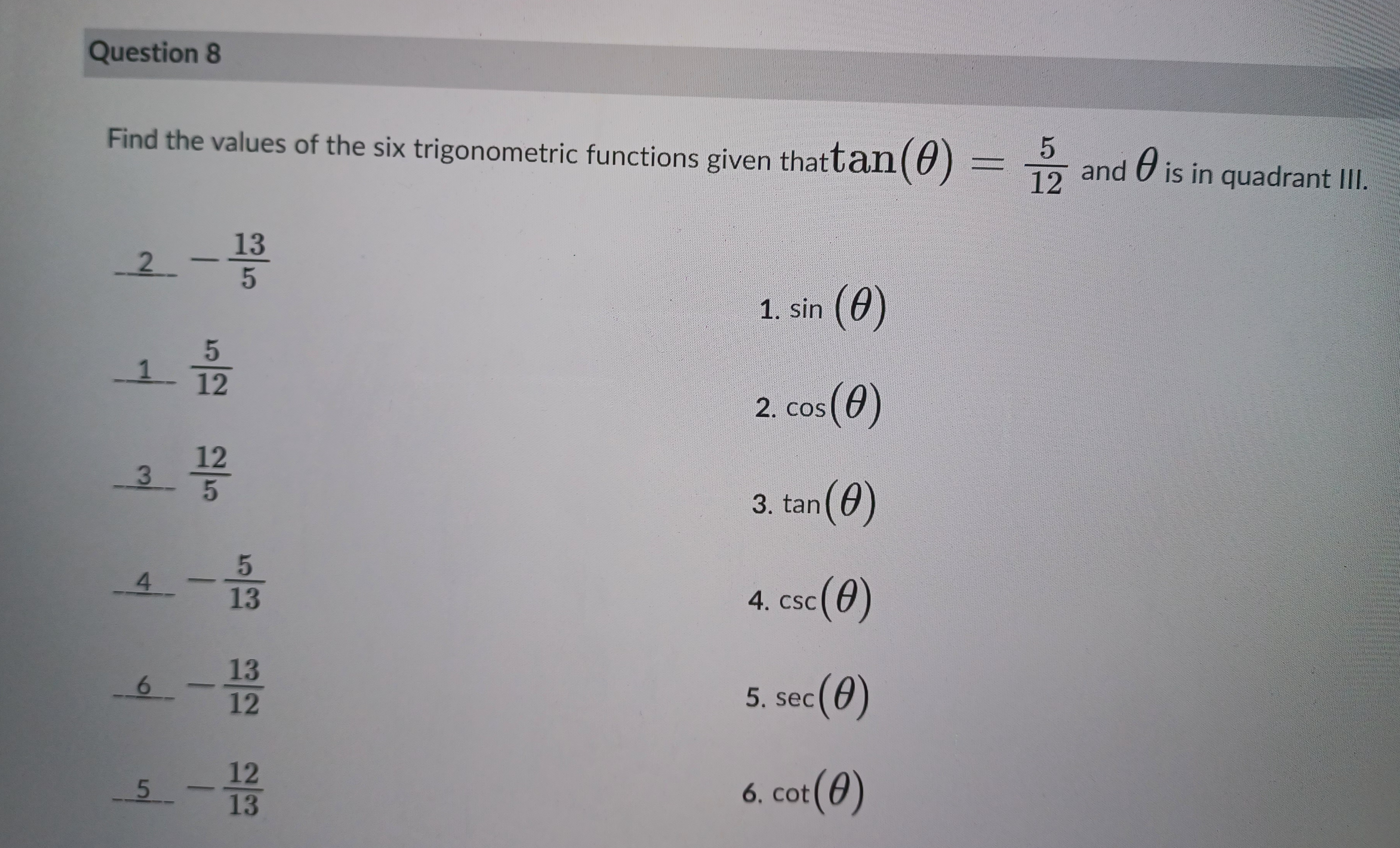 Solved Find the values of the six trigonometric functions | Chegg.com