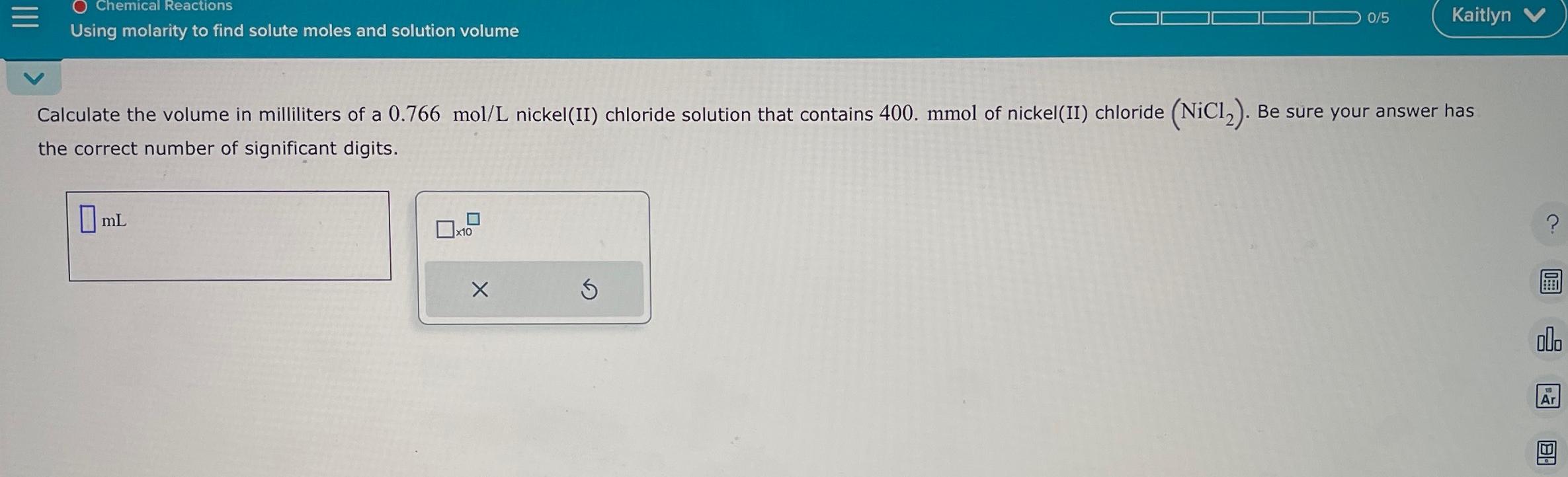 Solved Using molarity to find solute moles and solution | Chegg.com
