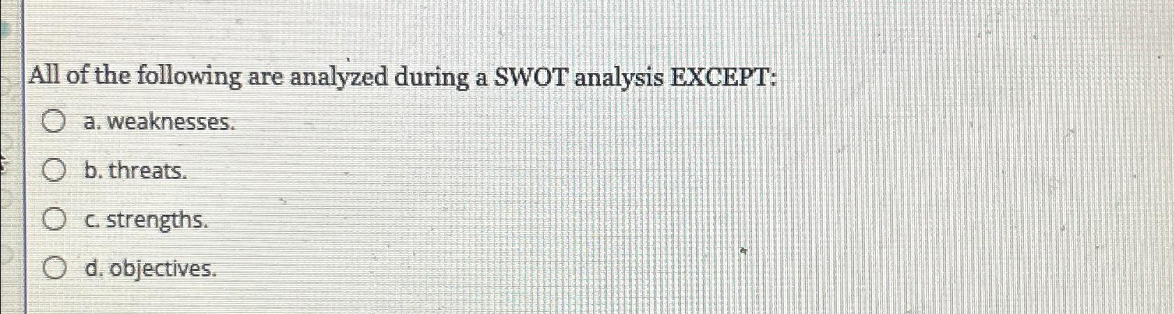 Solved All Of The Following Are Analyzed During A SWOT | Chegg.com