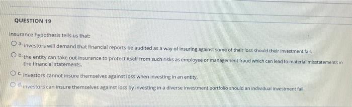 QUESTION 19
Insurance hypothesis tells us that:
O a investors will demand that financial reports be audited as a way of insur