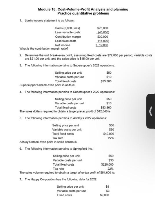 Solved Module 16: Cost-Volume-Profit Analysis And Planning | Chegg.com