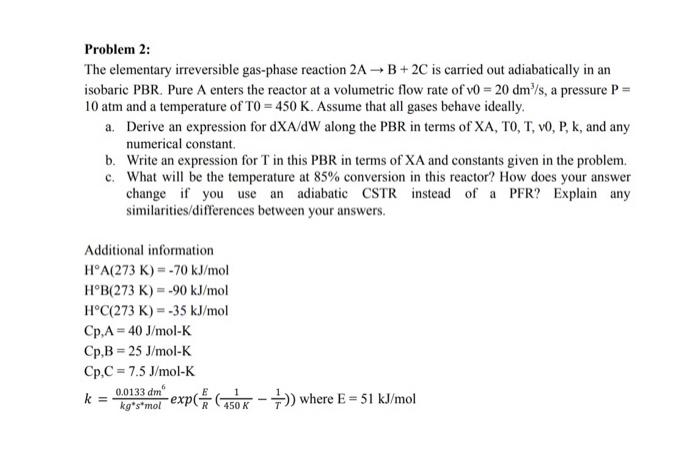 Solved Problem 2: The Elementary Irreversible Gas-phase | Chegg.com