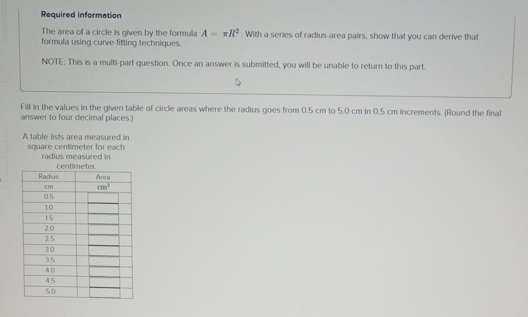 Solved Required information The area of a circle is given by | Chegg.com