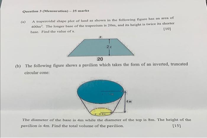 Solved (a) A trapezoidal shape plot of land as shown in the | Chegg.com