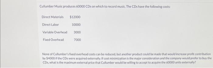 Solved Cullumber Music produces 60000 CDs on which to record | Chegg.com