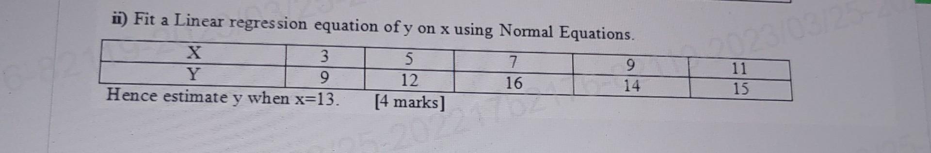Solved ii) Fit a Linear regression equation of y on x using | Chegg.com