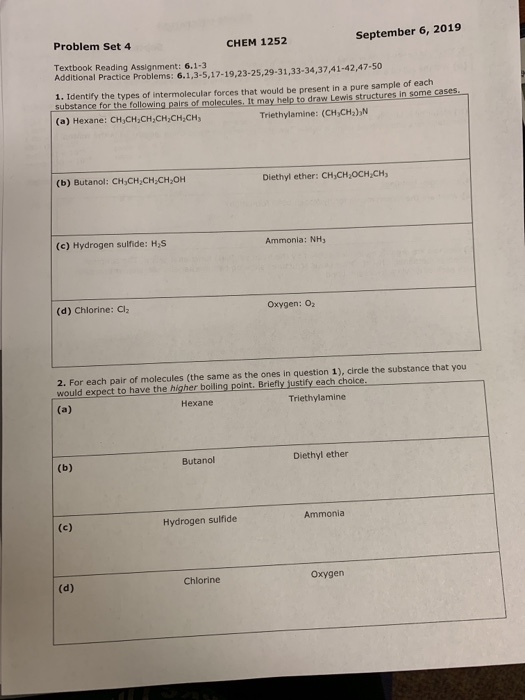 Solved Problem Set 4 CHEM 1252 September 6, 2019 Textbook | Chegg.com