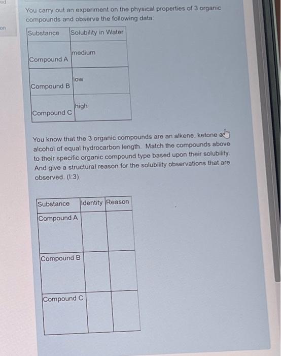 You carry out an experiment on the physical properties of 3 organic compounds and observe the following data:
You know that t