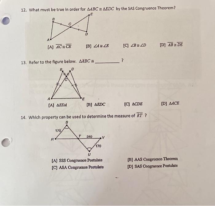 Solved 12. What must be true in order for ABC≅ EDC by the | Chegg.com