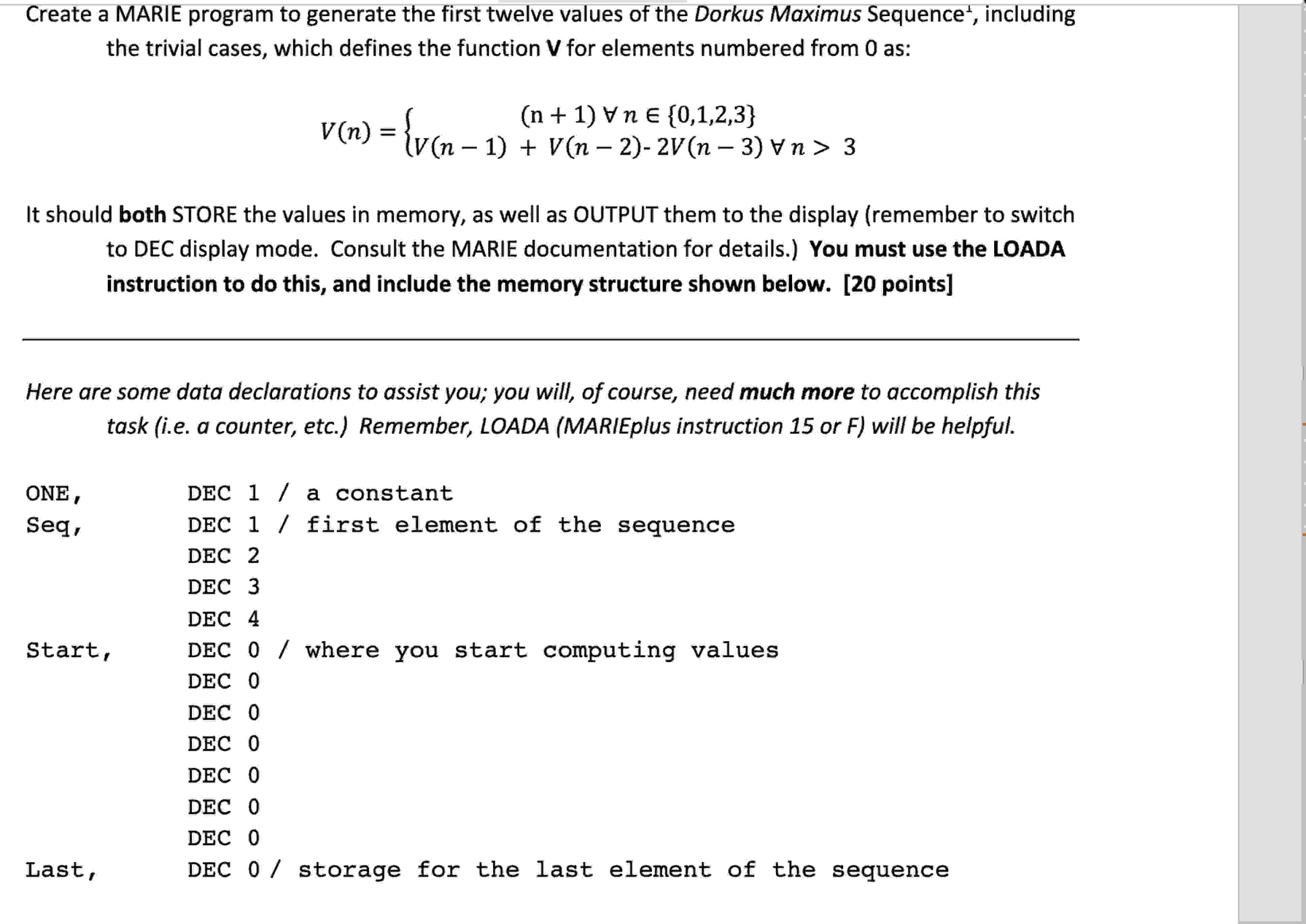 Solved Create A Marie Program To Generate The First Twelve 