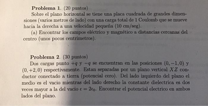 Problema 1. (20 puntos) Sobre el plano horizontal se tiene una placa cuadrada de grandes dimensiones (varios metros de lado)