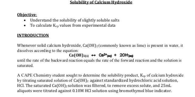 Solved Solubility Of Calcium Hydroxide Objective: • | Chegg.com