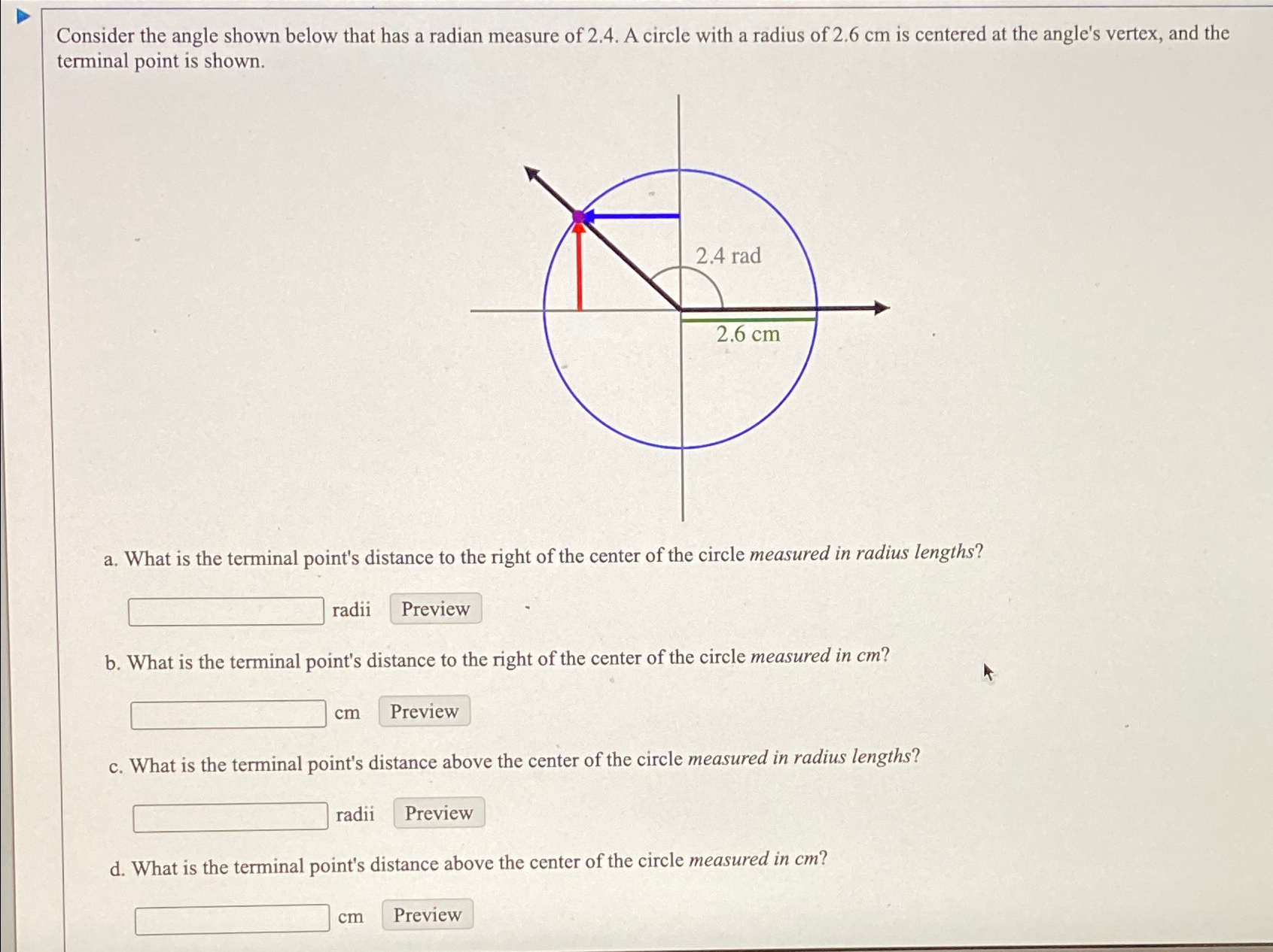 Solved Consider the angle shown below that has a radian | Chegg.com