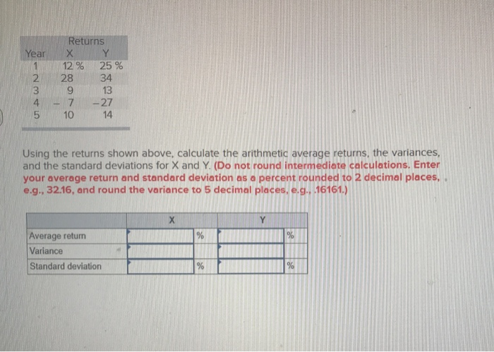 Solved Year Returns X Y 12 % 25 % 28 34 on AWN e como Using | Chegg.com