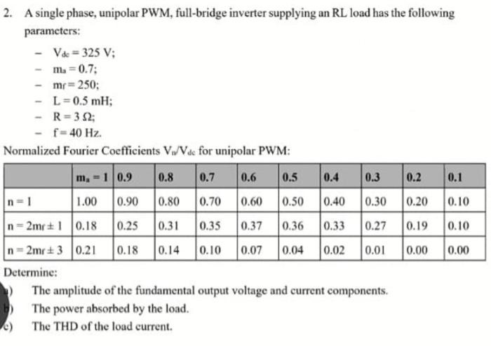 A 3-phase PWM inverter is shown below supplying an