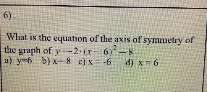 Solved 6). What is the equation of the axis of symmetry of | Chegg.com