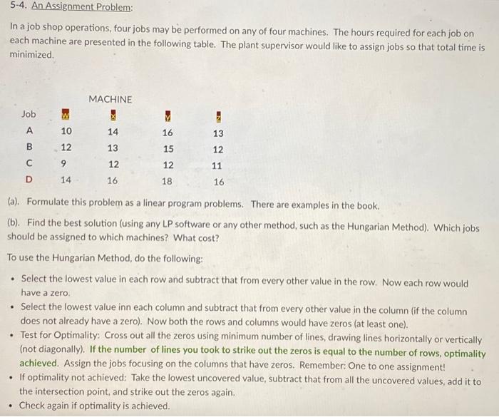 Solved 5-4. An Assignment Problem: In a job shop operations, | Chegg.com