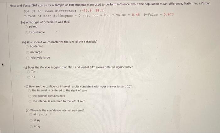 Solved Math and verbal SAT scores for a sample of 100 | Chegg.com