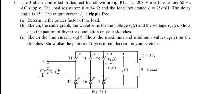 Solved 1. The 3-phase controlled bridge rectifier shown in | Chegg.com