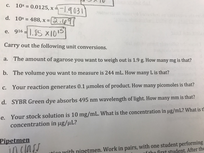 Solved c. 10x = 0.0125,x=-1.90311 d. 10x = 488, x = 12.691 | Chegg.com