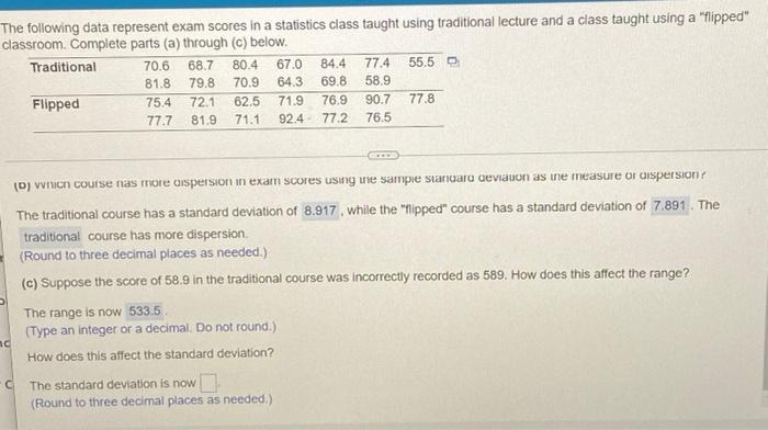 Solved The following data represent exam scores in a | Chegg.com