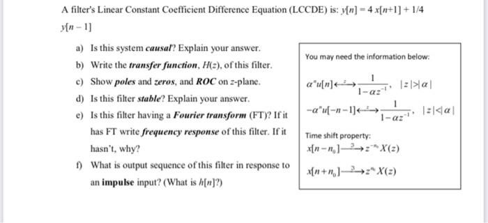 Solved A filter's Linear Constant Coefficient Difference | Chegg.com