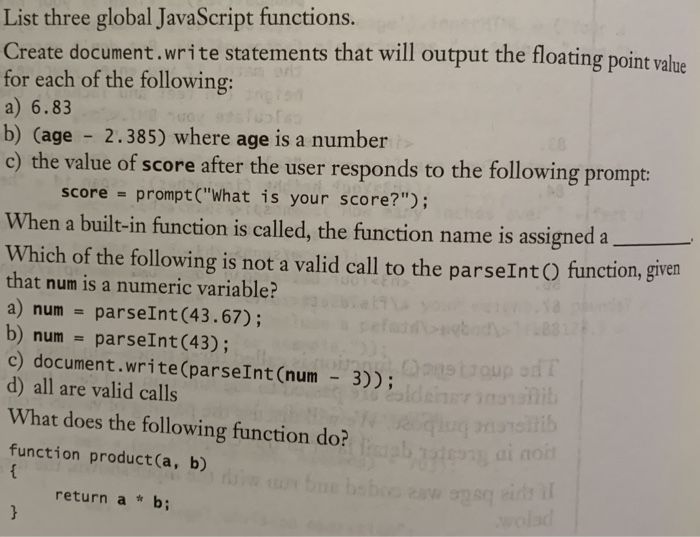 Solved List three global JavaScript functions. Create | Chegg.com