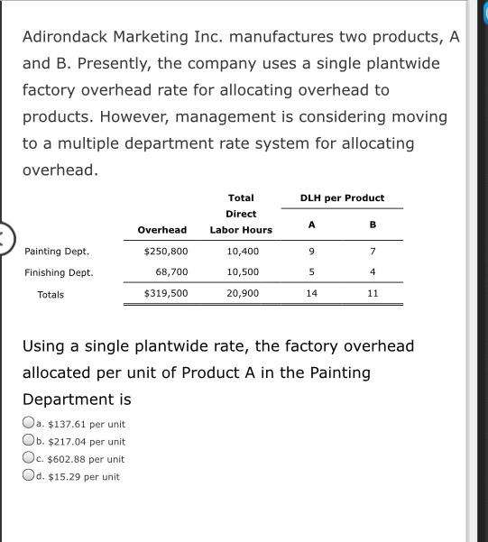 Solved Adirondack Marketing Inc. manufactures two products,