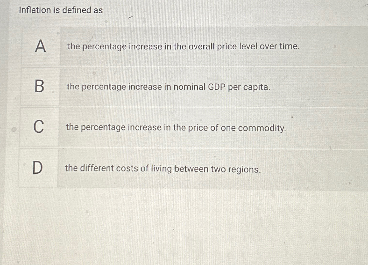 Solved Inflation Is Defined AsA The Percentage Increase In | Chegg.com