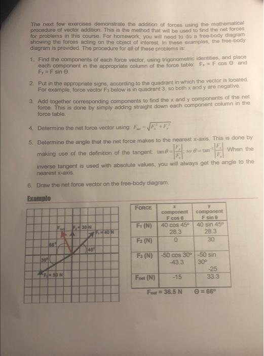 The next fow exercises demonsdrate the addition of forces using the mathermatical procedure of vector addition. This is the m